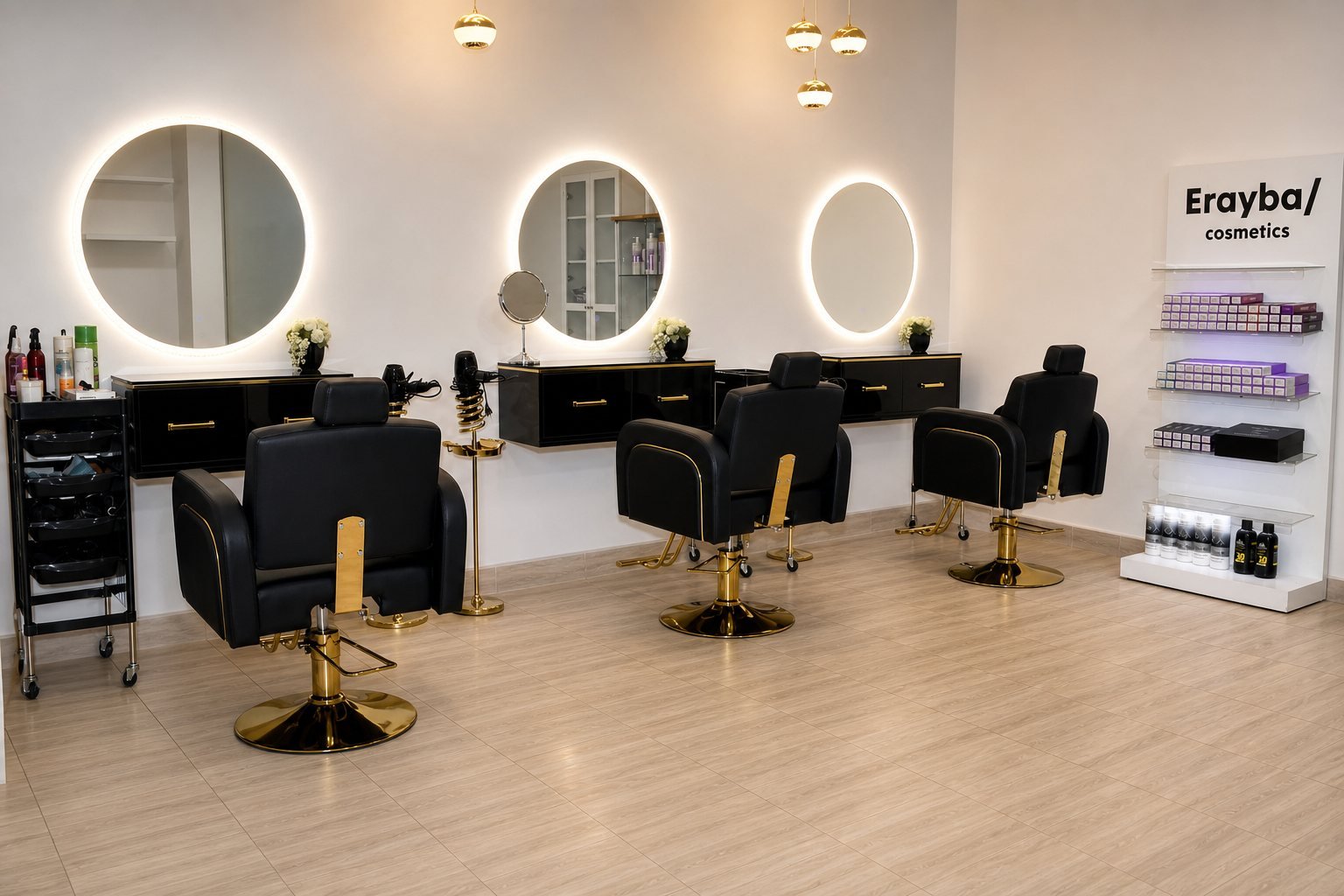 Hair styling stations with lit round mirrors inside Green Velvet Ladies Salon, Abu Dhabi
